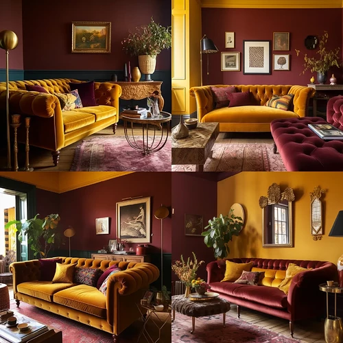 15. Koster_Vibrant_mustard_yellow_walls_with_a_rich_burgundy_velvet