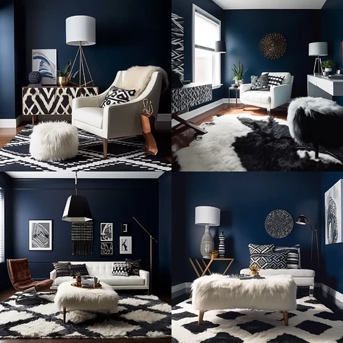13. Koster_Navy_blue_walls_with_a_plush_white_shag_rug_leather_acce